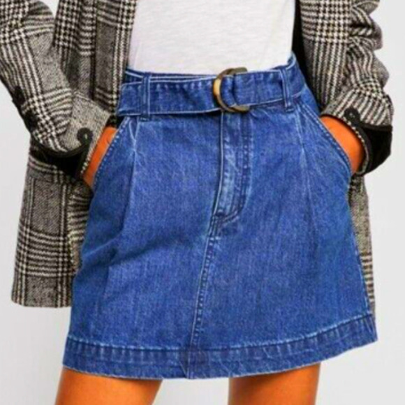 Free People Jade Denim Belted Pleat Front Skirt w/Pockets Indigo Blue SZ 26 NWT - Picture 2 of 11